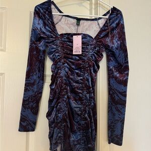 NWT Wild Fable Womens Small  Purple Marble Long Sleeve Ruched Velvet Bodycon